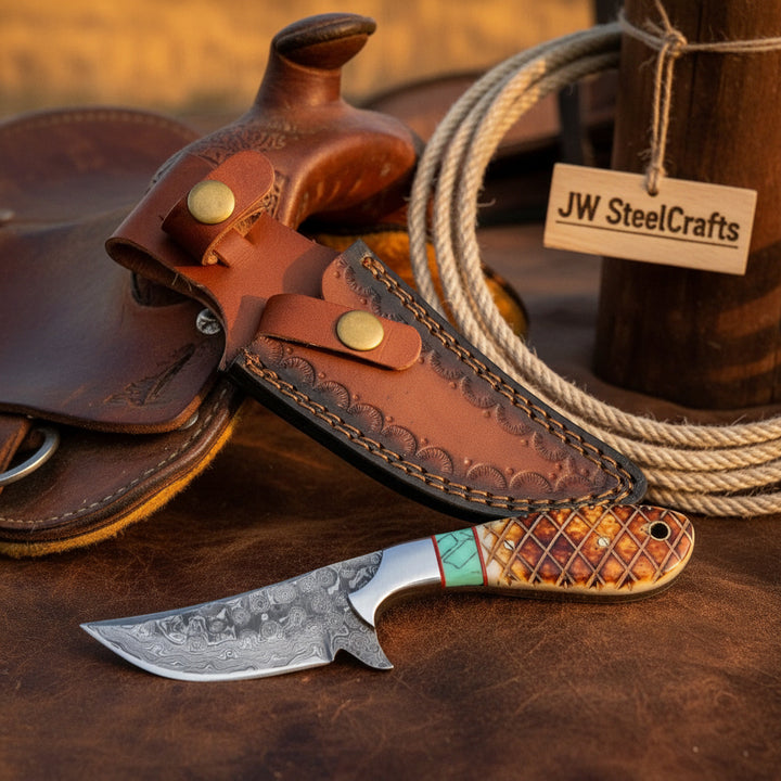 Turquoise Inlay Skinner Knife 9" Handmade Damascus with Turquoise Inlay
