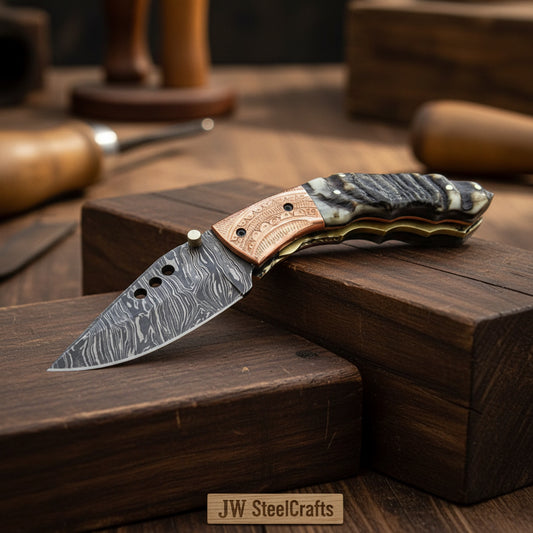 Handcrafted Damascus steel folding knife by JW SteelCrafts with patterned Damascus blade, copper bolster, and contoured dark bone handle displayed on a leather background.