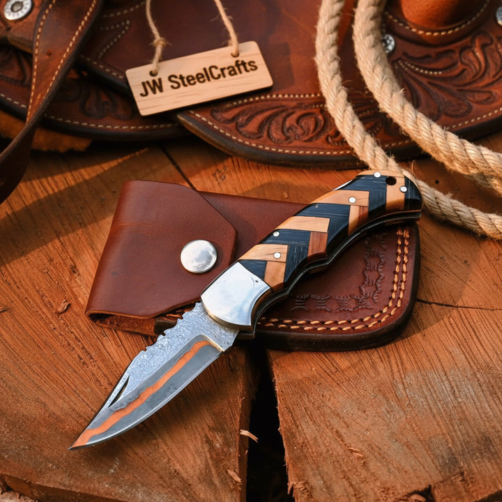 Timberline Trapper Skinner Knife Handmade Damascus Liner Lock wood handle