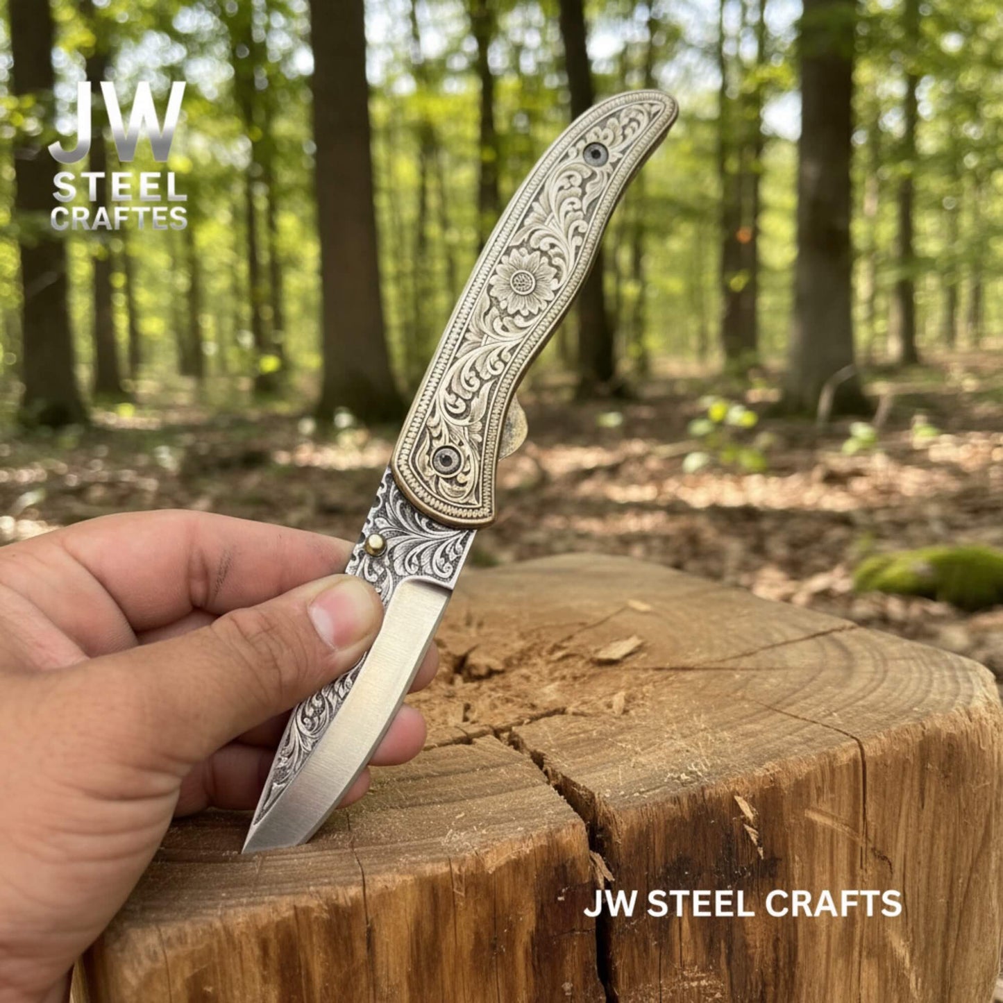 Hand-engraved brass handle folding knife by JW SteelCrafts displayed on a wooden stump in a forest setting, featuring ornate floral engraving on the brass scales and a polished hand-engraved stainless steel blade with liner lock