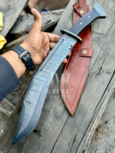 Load image into Gallery viewer, Custom Damascus hunting Bowie knife with ergonomic micarta handle, full tang blade, and leather sheath – perfect for collectors and outdoor use.