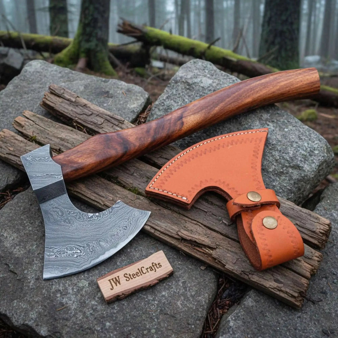     Handcrafted Damascus bushcraft axe with polished wooden handle and tan leather sheath displayed on rugged rocks and weathered logs in a misty forest setting.