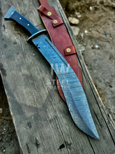 Load image into Gallery viewer, Custom Damascus hunting Bowie knife with ergonomic micarta handle, full tang blade, and leather sheath – perfect for collectors and outdoor use.