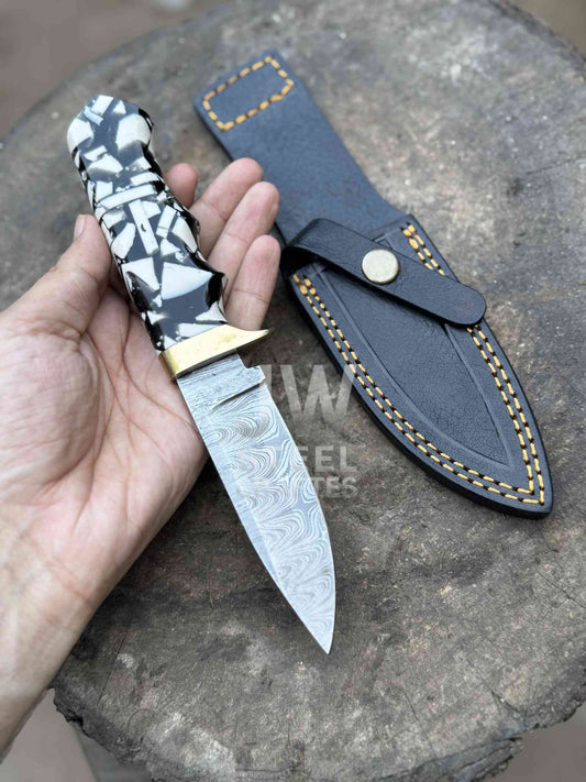 Handmade Damascus Hunting Knife with Handle Variations & Leather Sheath