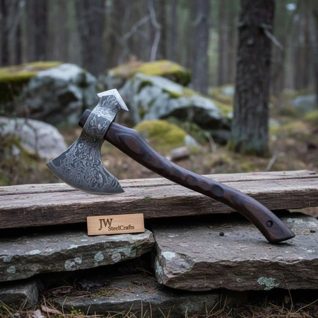     WolfHollow forged camping hatchet with artistic Damascus steel edge and artisan walnut handle displayed in a peaceful woodland campsite.