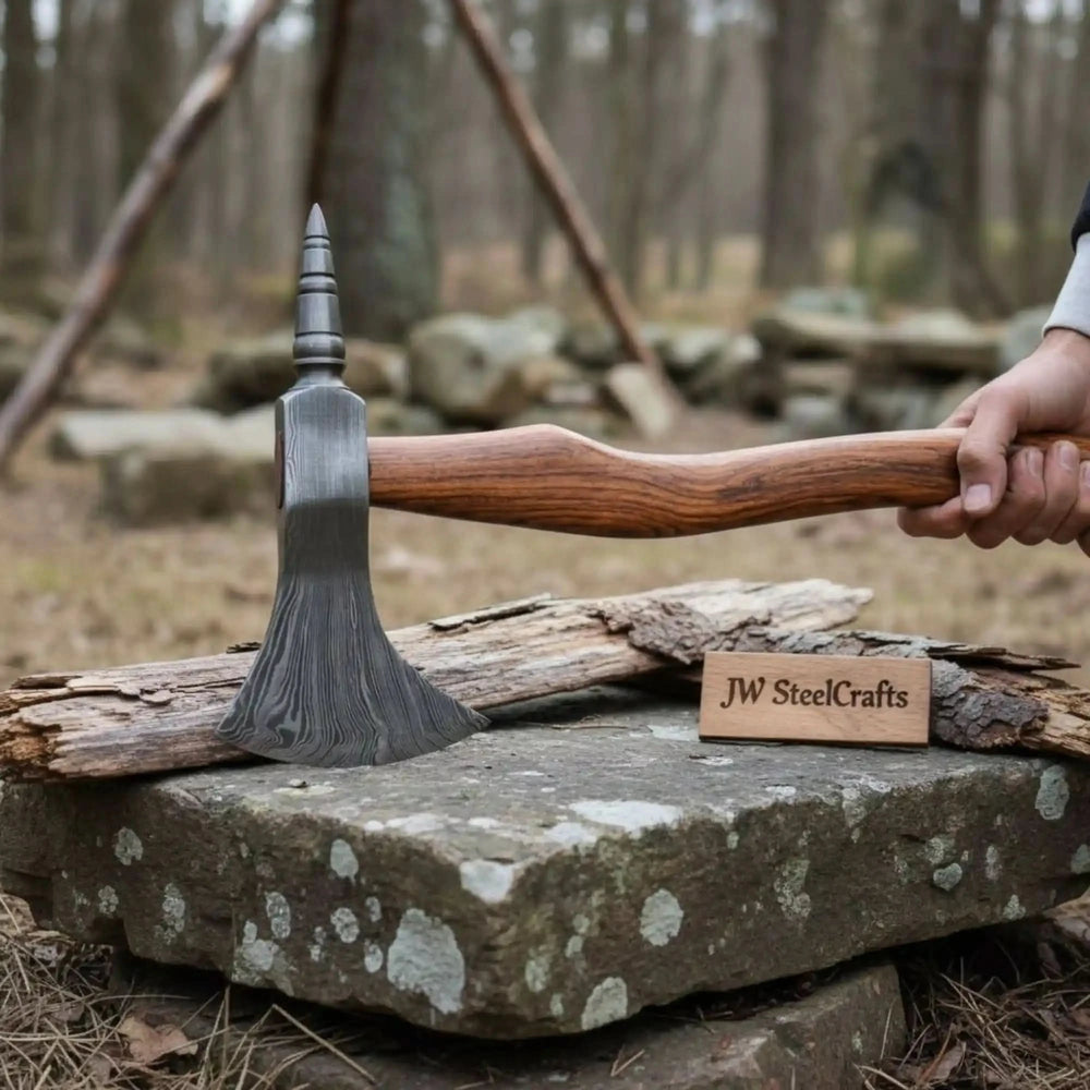     Forged bushcraft axe featuring rear spike construction, layered Damascus steel edge, and visible wood grain handle outdoors.
