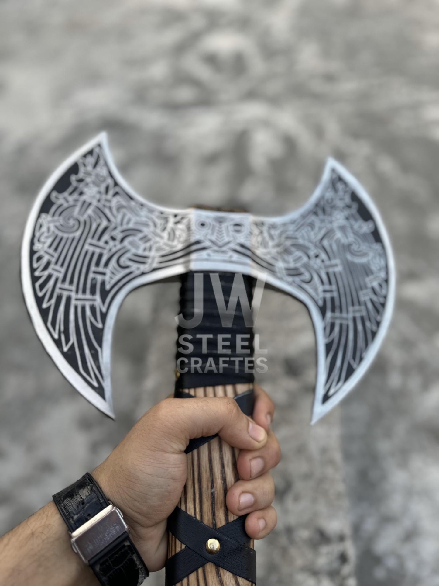 Hand Forged Double-Headed Viking Axe – Norse Engraved Battle Axe with Wooden Handle