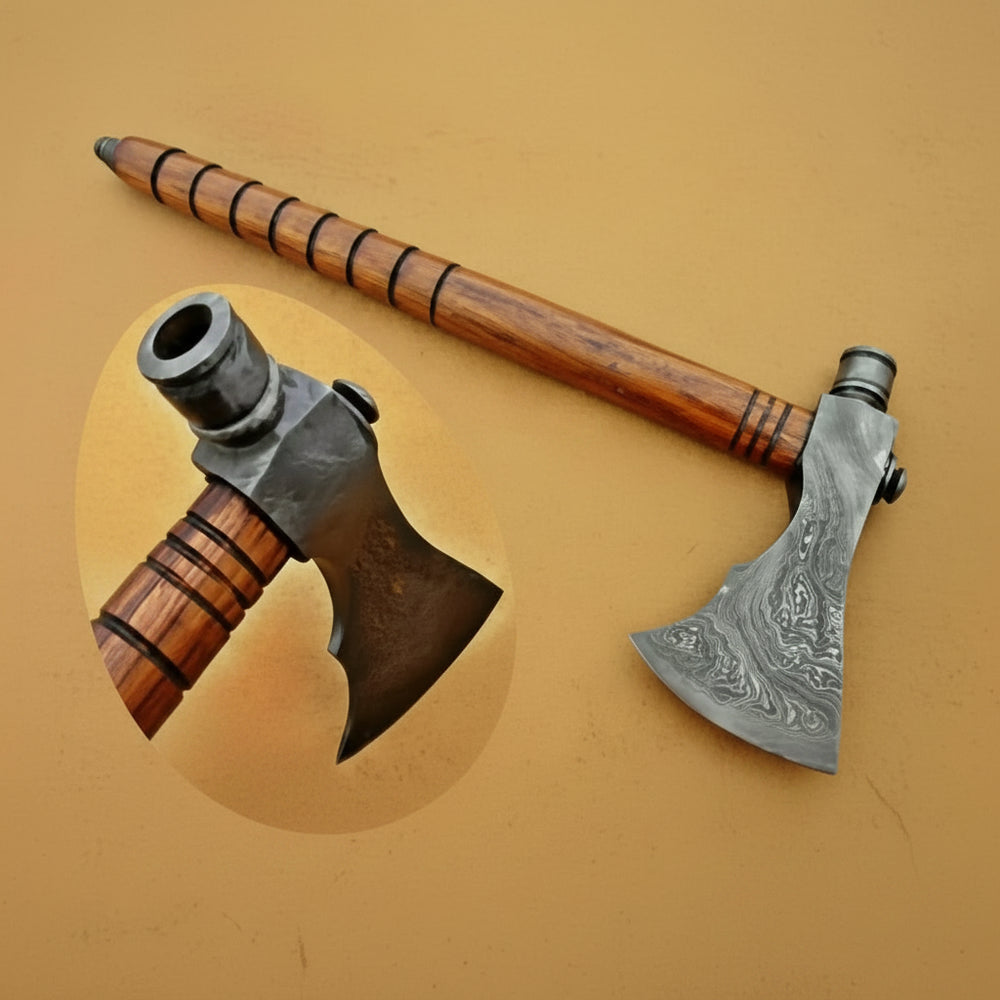     Emberridge artisan Viking camp axe displayed on rugged timber with decorative etched steel and warm firelight background.
