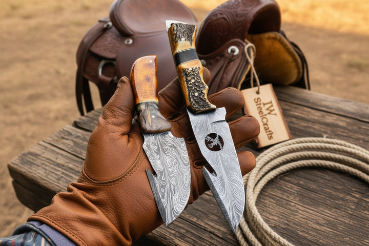 Fielddraw Gut Hook Knife 8" Handmade Damascus Stag Bone Handle