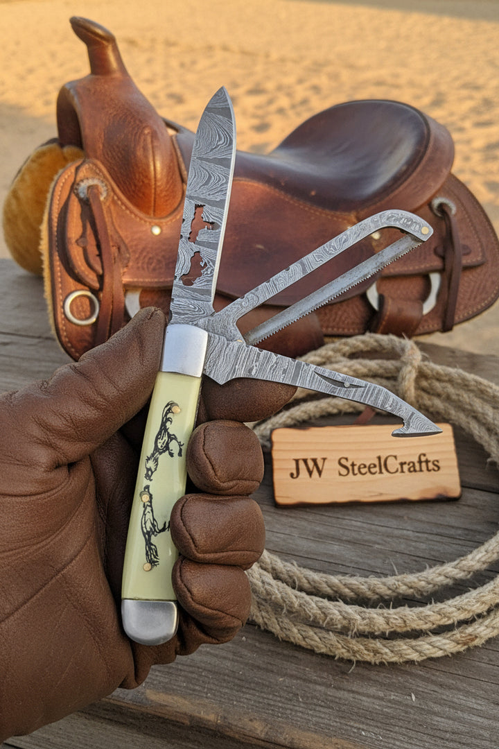 Ivory Stallion Trail Trapper Folder Knife 7" Handmade Damascus Steel with Ivory bone handle