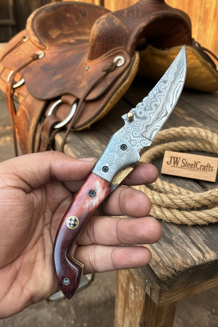 Twilight Burl Folder Knife 7" Handmade Burl Wood Damascus Blade