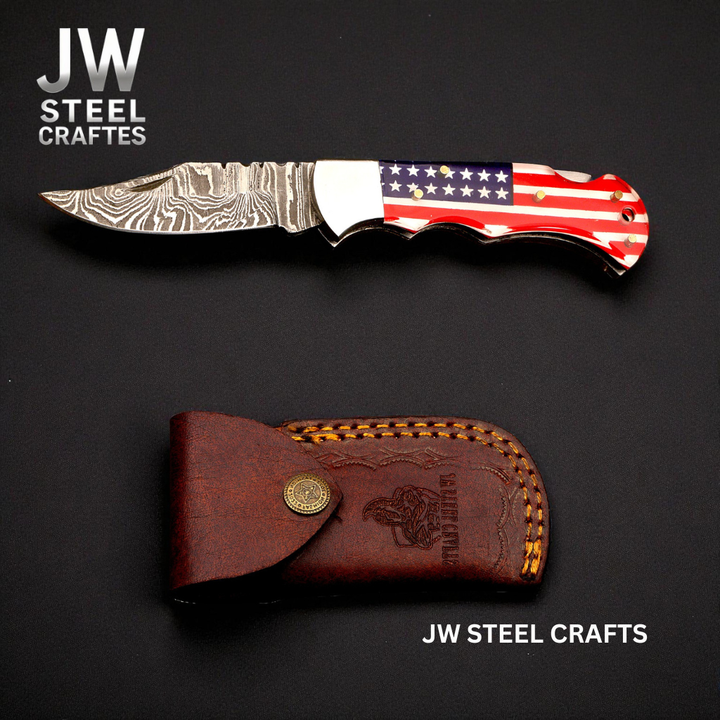 American Flag Damascus Folding Hunter with Ram Horn Handle