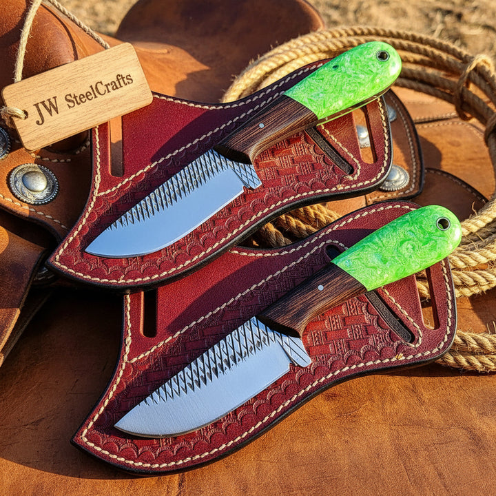 Emerald Trail Skinner Duo Knife 8" Handmade Damascus Set of 2