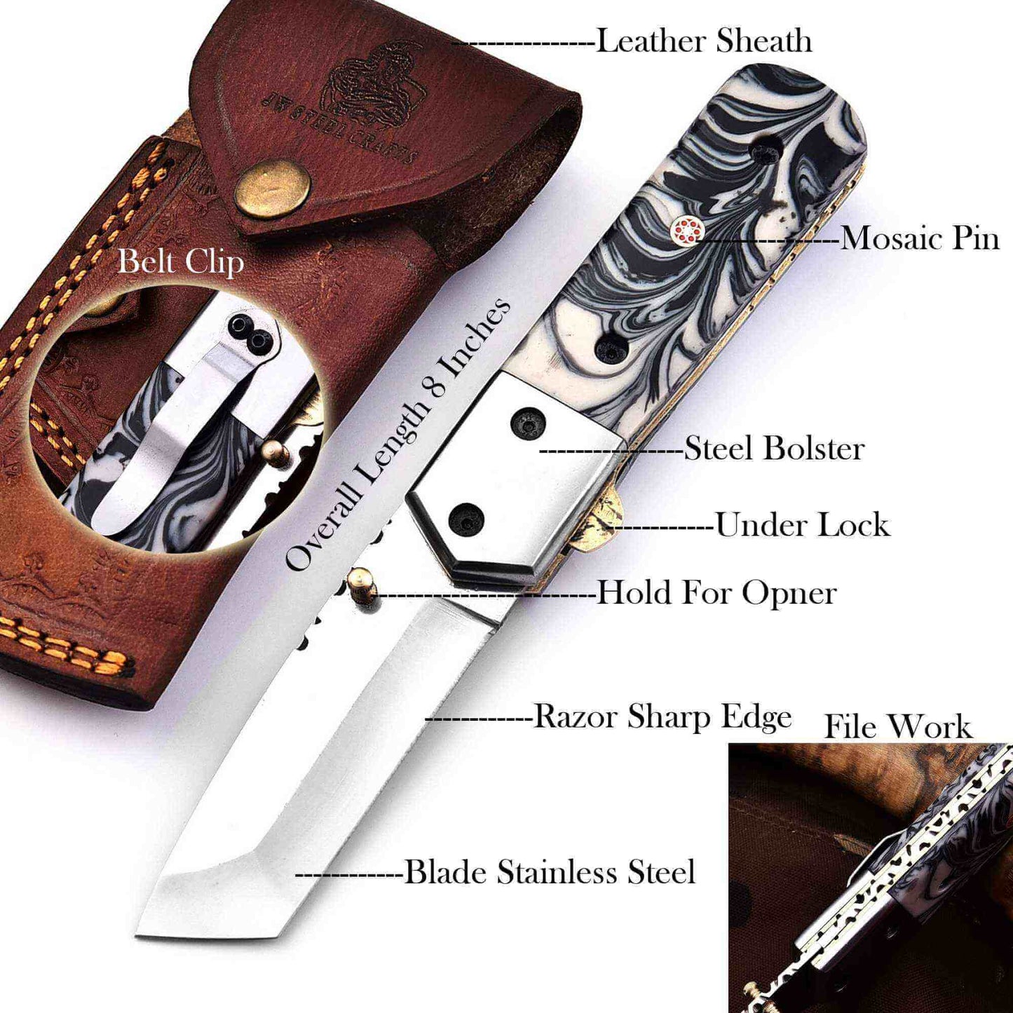 Stainless steel folding knife with marble resin handle, liner lock mechanism, steel bolster, mosaic pin, razor sharp blade, and leather sheath labeled with features