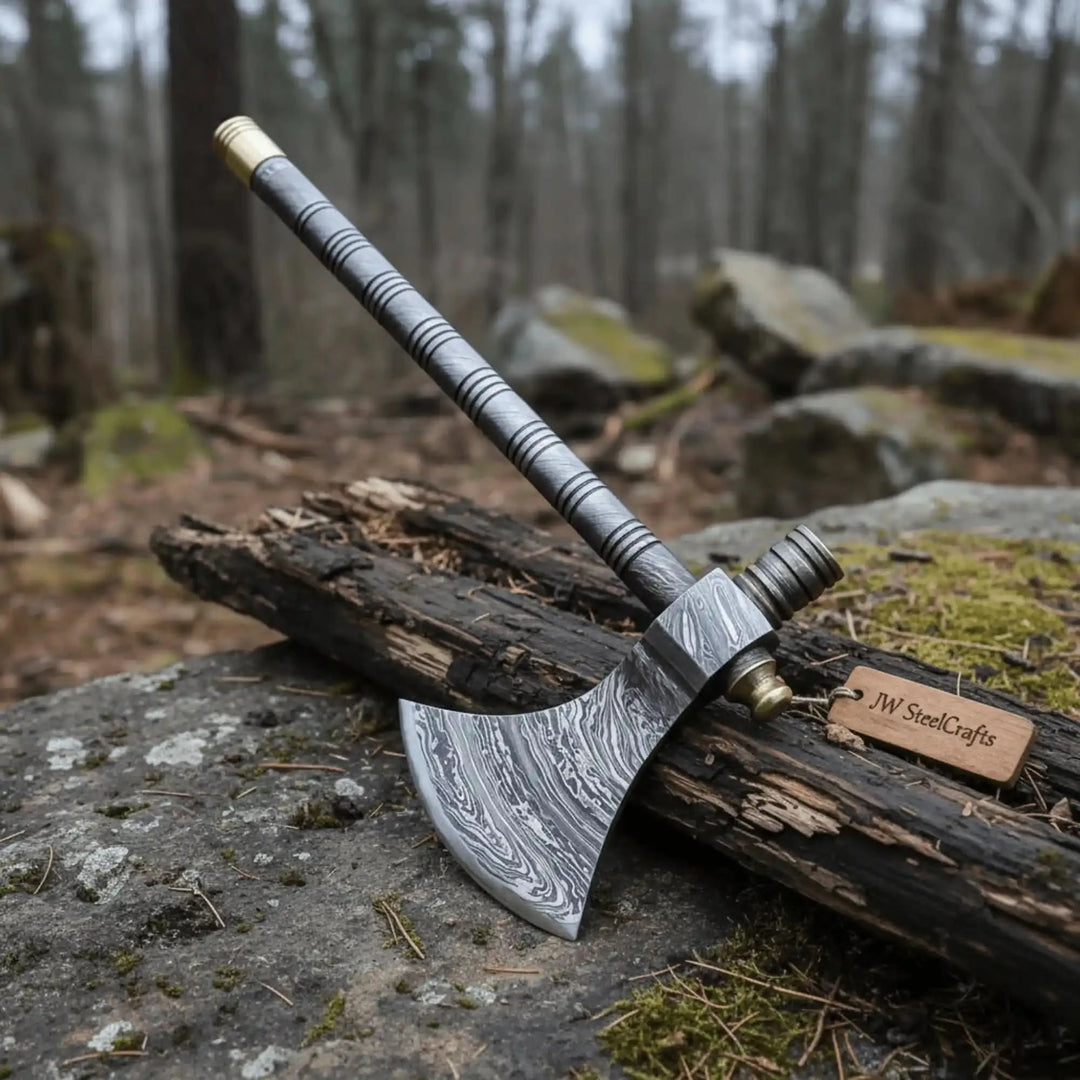     Premium handcrafted Damascus bushcraft axe with intricate layered steel patterns and durable wrapped metal handle showcased in a natural forest environment.