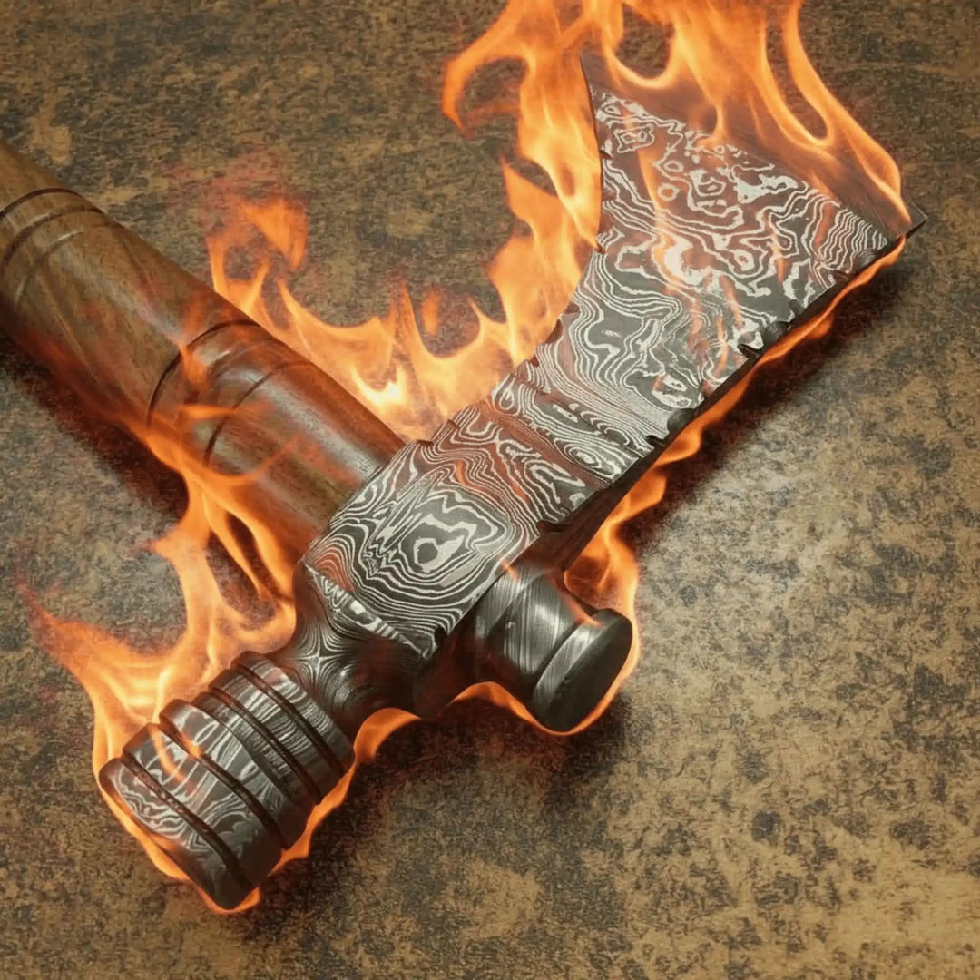     Falconridge artisan forged bushcraft hatchet displayed upright in a tree stump with intricate steel patterns and firelight backdrop.