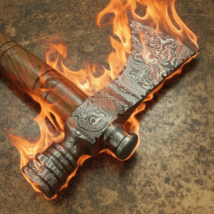     Falconridge artisan forged bushcraft hatchet displayed upright in a tree stump with intricate steel patterns and firelight backdrop.