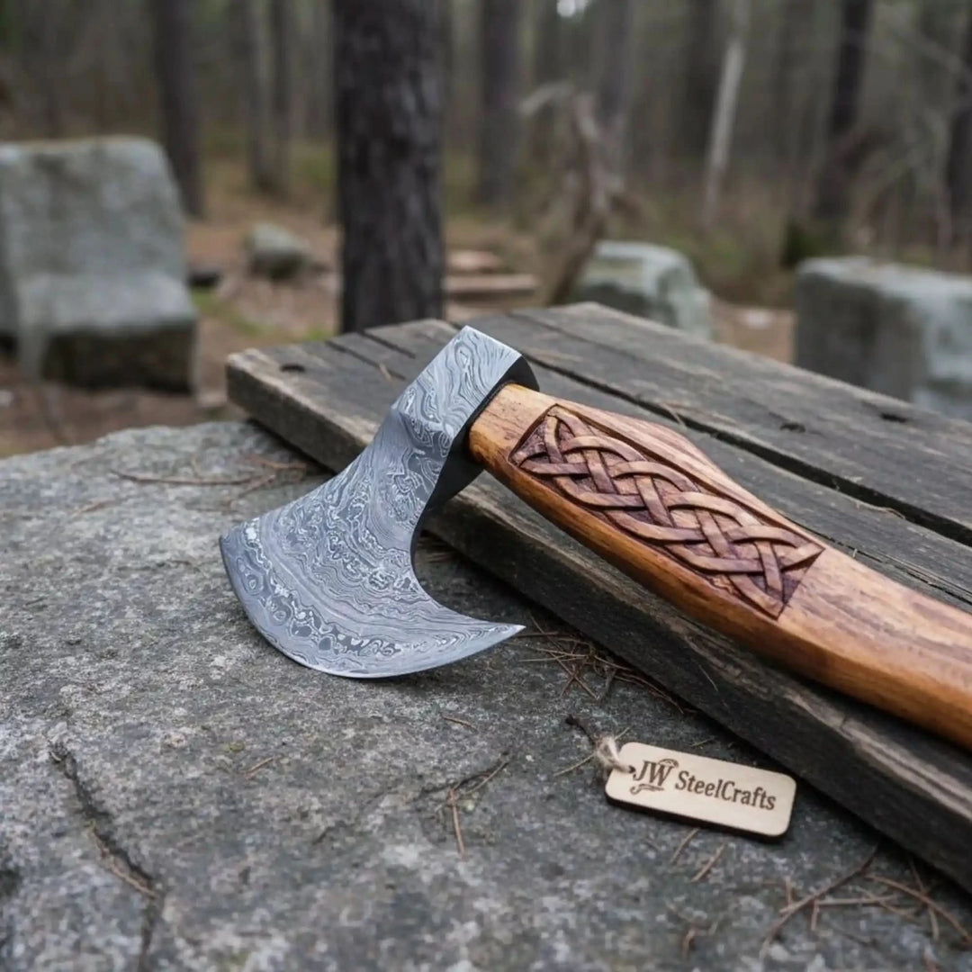     Frostbranch artisan bushcraft axe resting on weathered timber with detailed Celtic carving and curved Damascus blade.