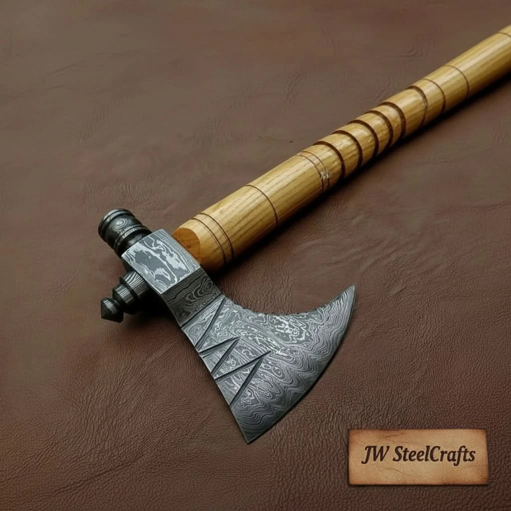     Falconcrest premium forged camp axes showcasing layered Damascus patterns and ribbed wooden grips.