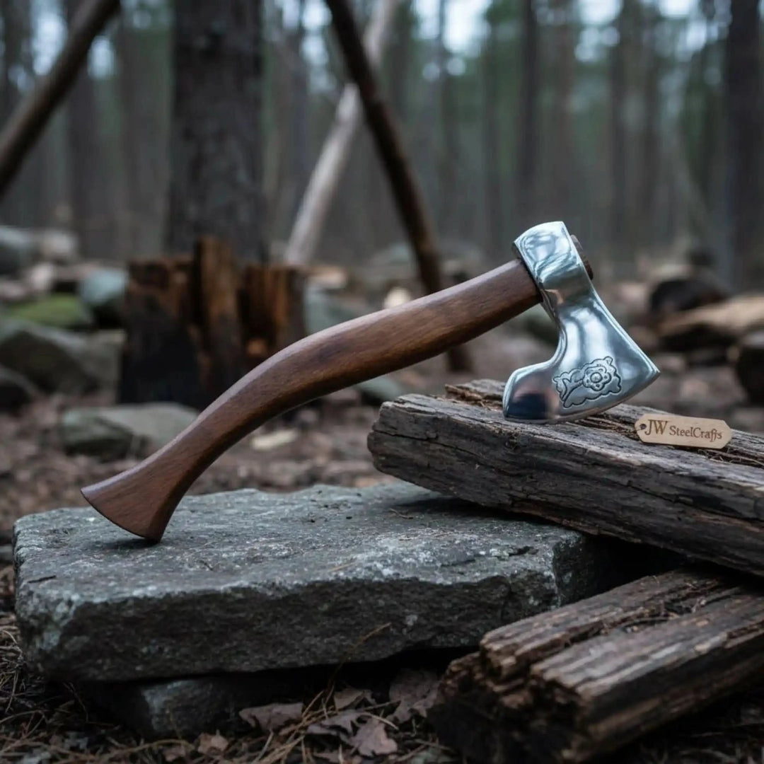     Frostoak handcrafted camp hatchet showcasing reflective steel finish and smooth hardwood shaft among rugged timber textures.
