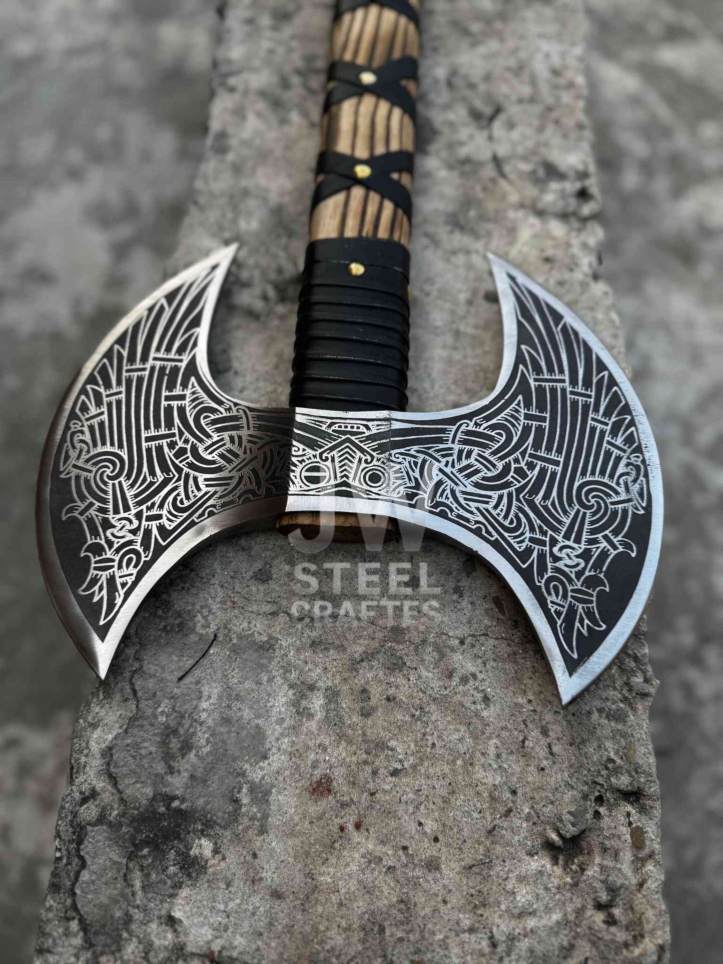 Hand Forged Double-Headed Viking Axe – Norse Engraved Battle Axe with Wooden Handle