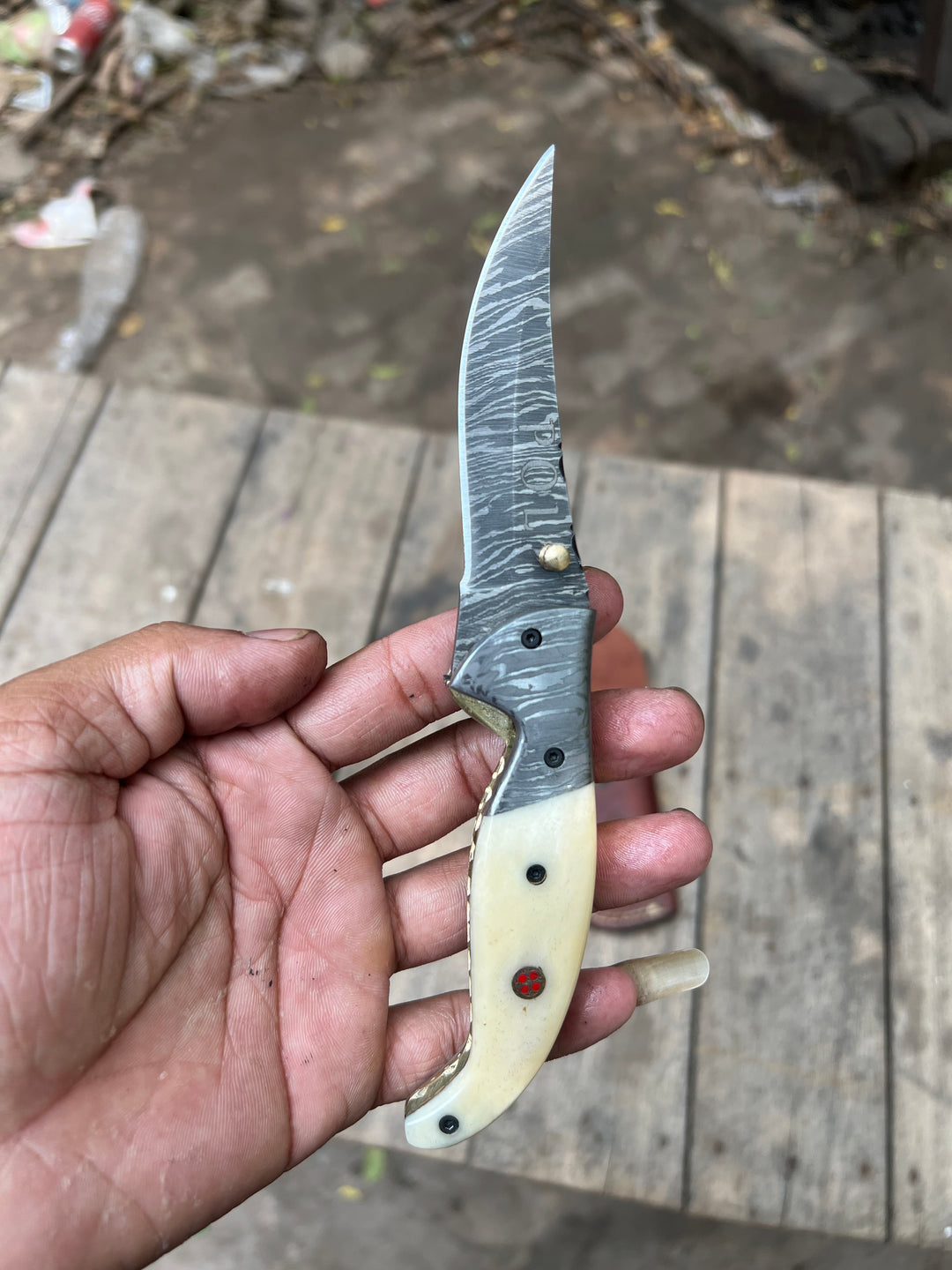 Handmade Damascus Folding Knife with Bone Handle – Compact EDC Pocket Knife with Leather Sheath
