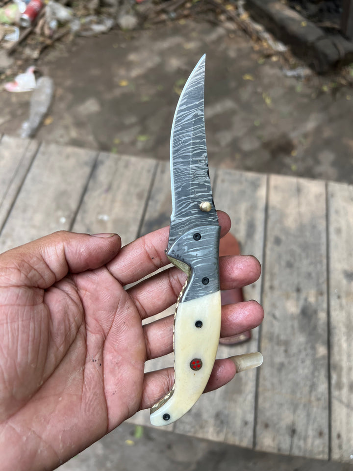 Handmade Damascus Folding Knife with Bone Handle – Compact EDC Pocket Knife with Leather Sheath