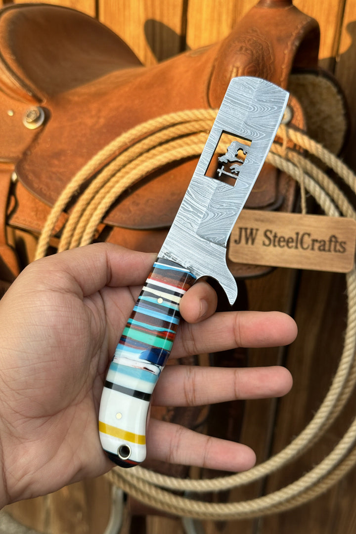 Damascus Bull Cutter Knife — Multi-Color Rainbow Resin Handle, Christian Cross Blade Engraving, Steel Bolster &amp; Lanyard Hole