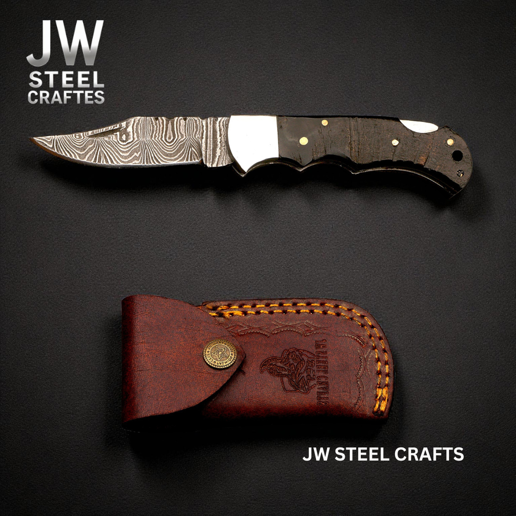 American Flag Damascus Folding Hunter with Ram Horn Handle