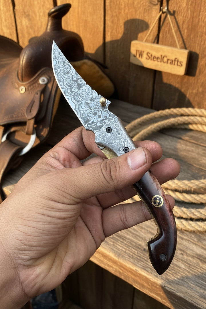 Twilight Burl Folder Knife 7" Handmade Burl Wood Damascus Blade