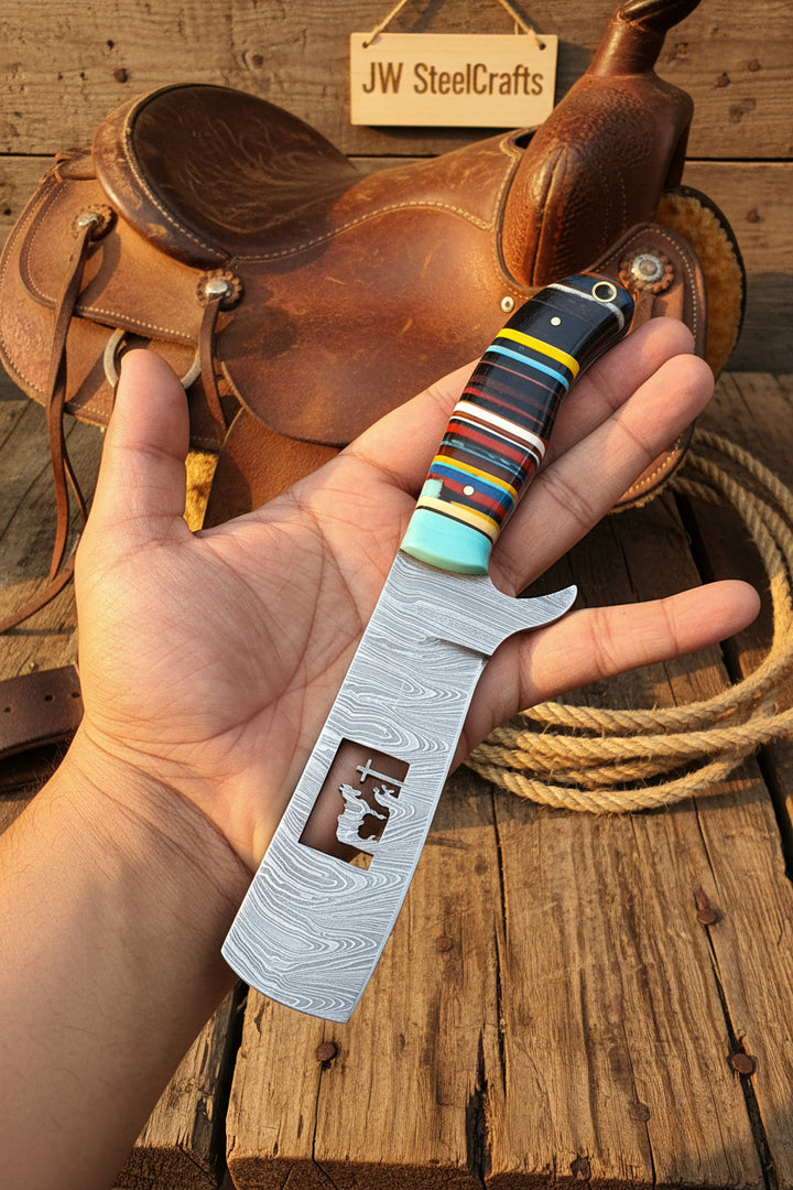 Damascus Bull Cutter Knife — Multi-Color Rainbow Resin Handle, Christian Cross Blade Engraving, Steel Bolster &amp; Lanyard Hole