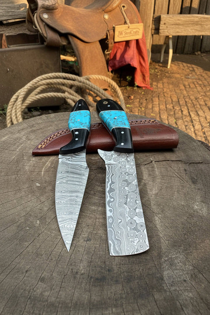 Handmade Damascus Skinner 7”–8” Knife Set Cowboy Ranch Blades Turquoise Handle with Sheath