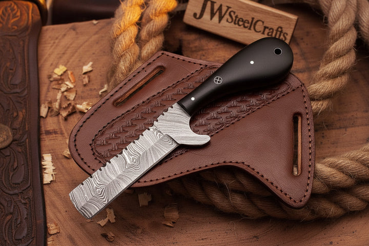 Blackhorn Bull Cutter Knife 7" Handmade Ladder Damascus Black Resin Handle