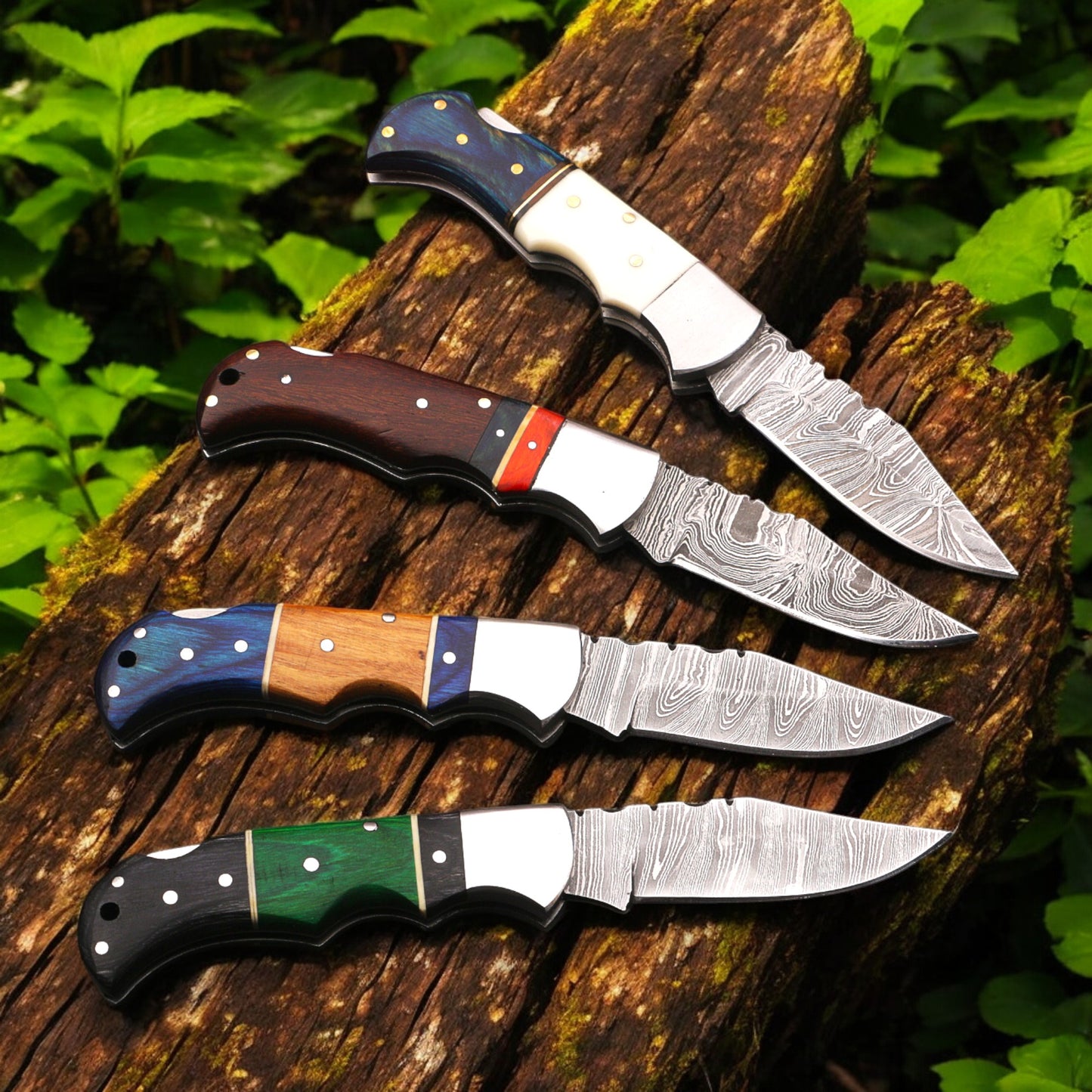 Handmade Damascus Steel Folding Knife Blue & Black Handle Leather Sheath  Pocket Knife, EDC Camping Gift, Groomsmen Gift ,Gift for her