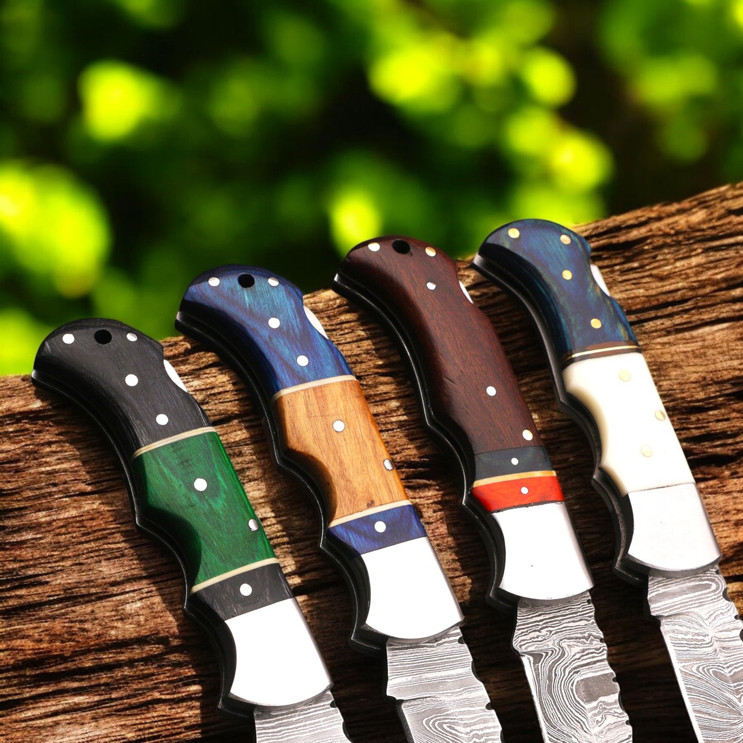 Handmade Damascus Steel Folding Knife Blue & Black Handle Leather Sheath  Pocket Knife, EDC Camping Gift, Groomsmen Gift ,Gift for her