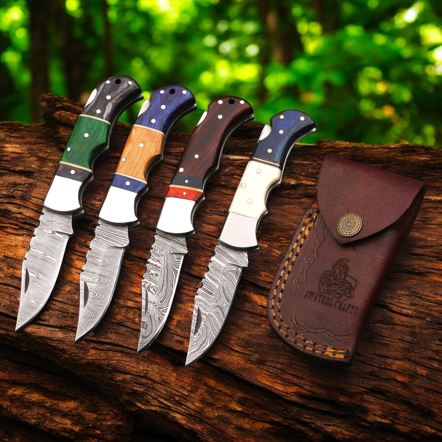 Handmade Damascus Steel Folding Knife Blue & Black Handle Leather Sheath  Pocket Knife, EDC Camping Gift, Groomsmen Gift ,Gift for her