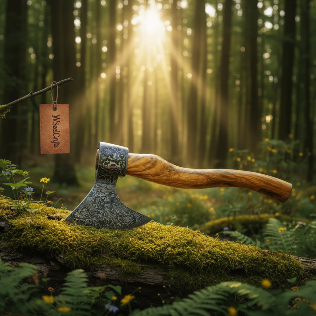     Grimwood handmade survival axe with sharp Damascus edge and smooth carved handle resting on weathered woodland logs.