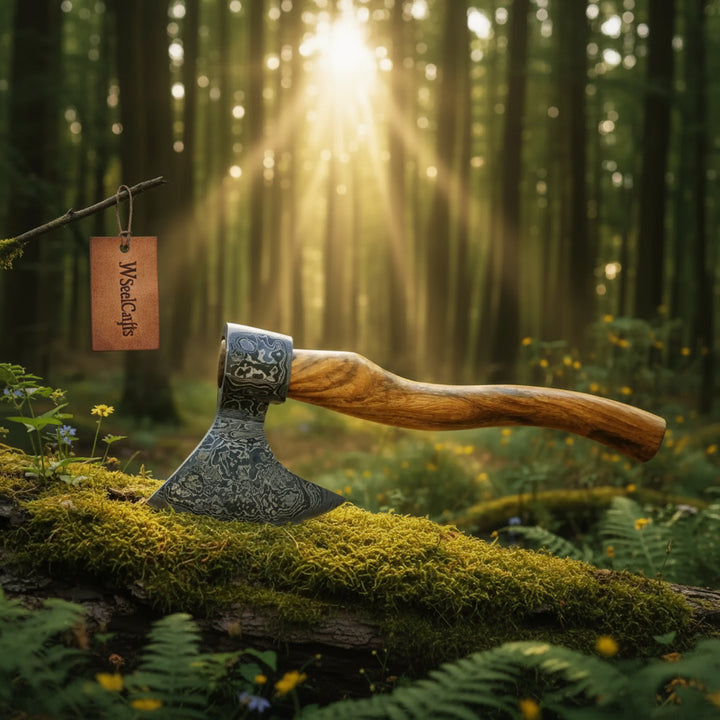     Grimwood handmade survival axe with sharp Damascus edge and smooth carved handle resting on weathered woodland logs.