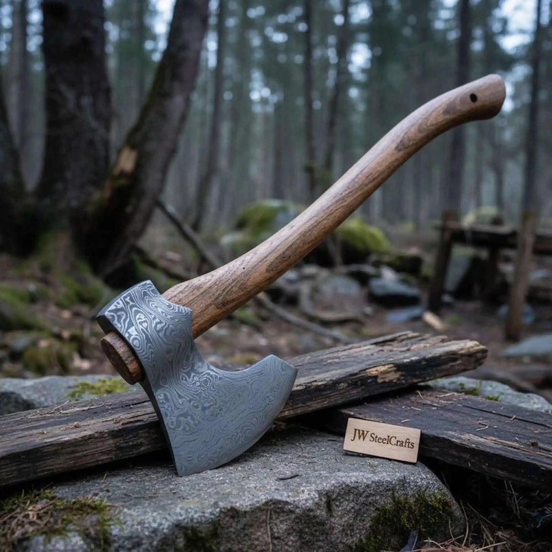     NordicSpirit Damascus battle axe with polished forged steel blade and elegant handcrafted wooden grip displayed in a misty forest camp.