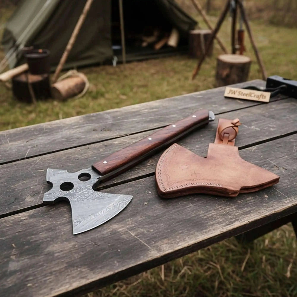     Artisan Damascus throwing axe with polished hardwood grip and unique cutout blade design resting on a weathered wooden table.