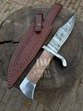 Load image into Gallery viewer, Hand-forged Damascus hunting knife with wooden handle and custom leather sheath