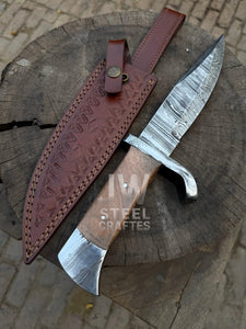 Hand-forged Damascus hunting knife with wooden handle and custom leather sheath