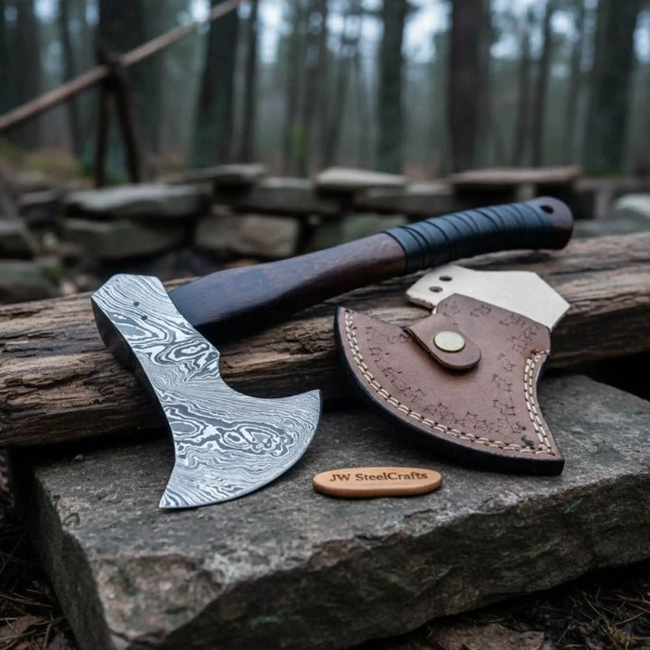     Timberwolf handcrafted camping axe featuring etched Damascus steel and wrapped hardwood handle in woodland setting.