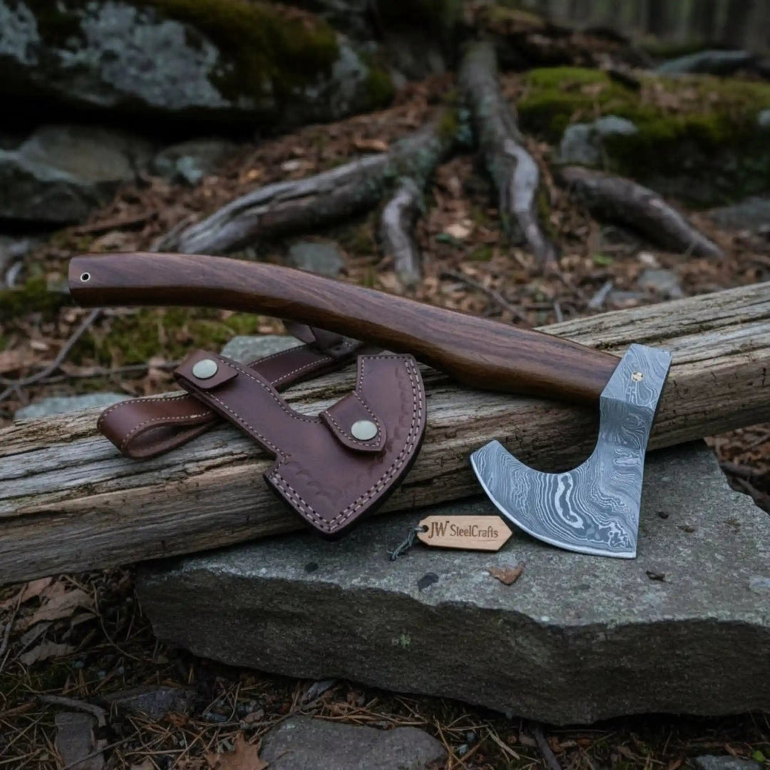     Ebonridge premium Damascus steel axe with curved wooden grip and handcrafted leather holster on rustic stone terrain.