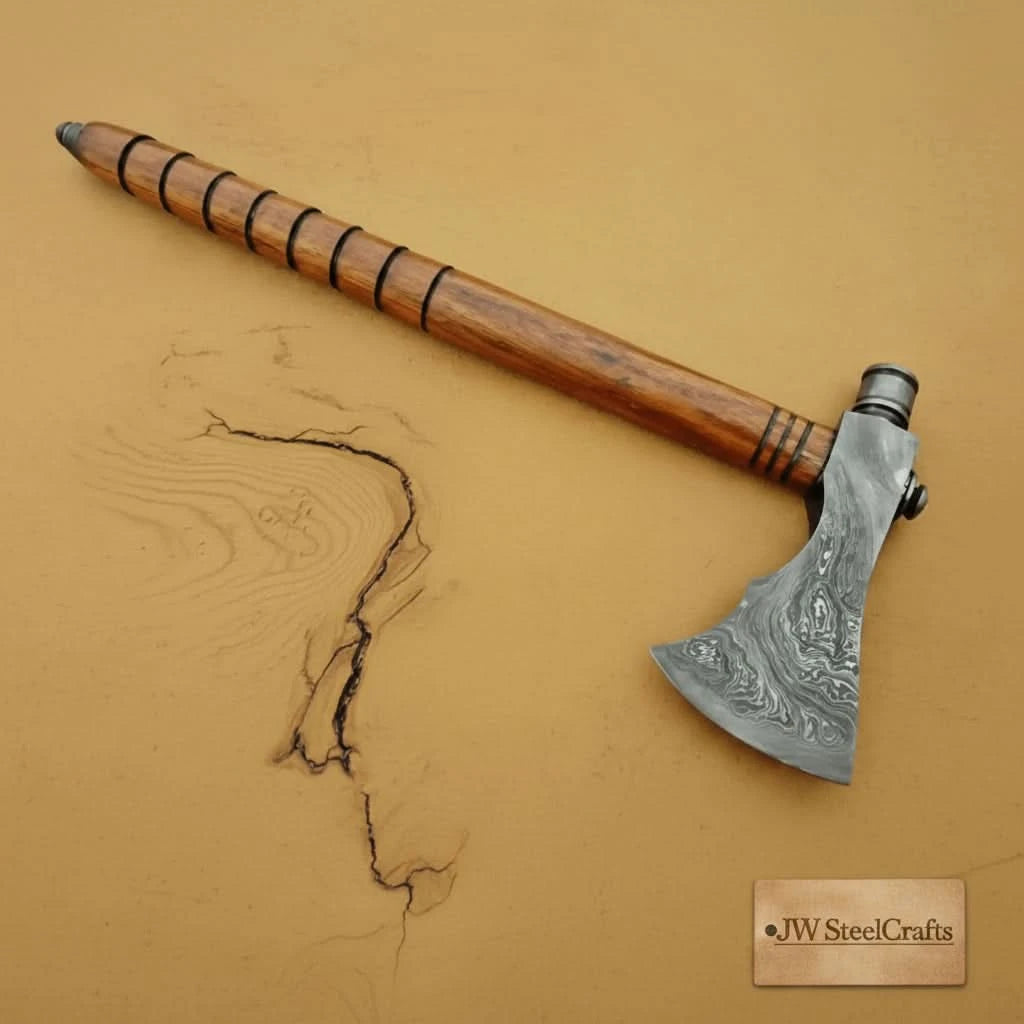     Goldenspire custom forged wilderness hatchet featuring engraved blade artwork and ribbed hardwood handle near a campfire.