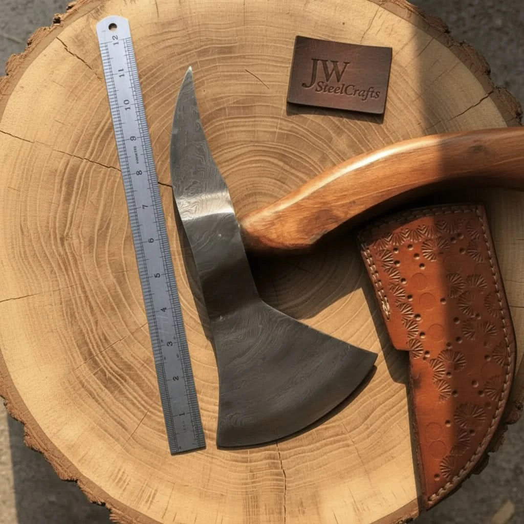     Grayspire campfire utility axe standing upright in a rugged stump with intricate forged blade and wilderness scenery.
