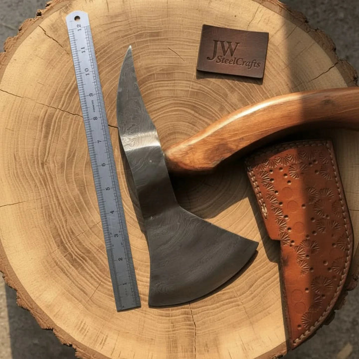     Grayspire campfire utility axe standing upright in a rugged stump with intricate forged blade and wilderness scenery.