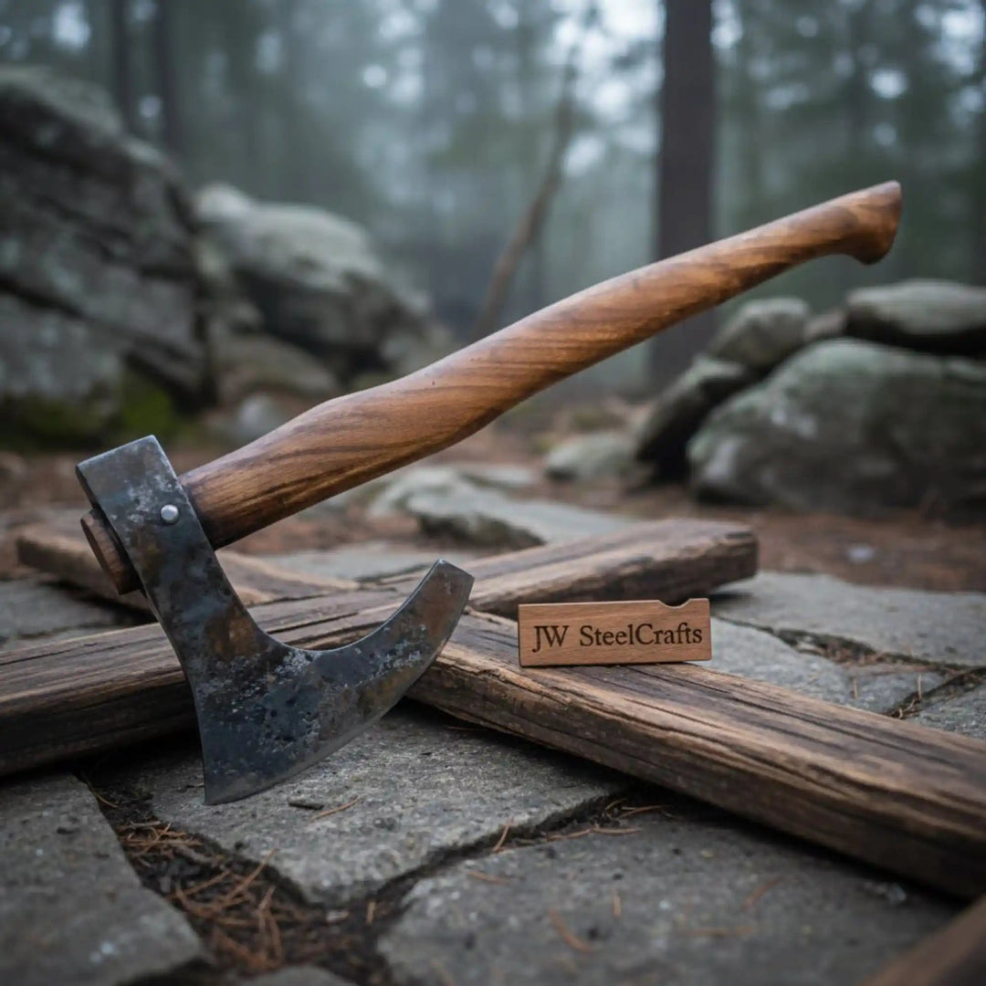     Grimroot forged camp hatchet featuring raw steel texture and twisted artisan handle in moody woodland environment.