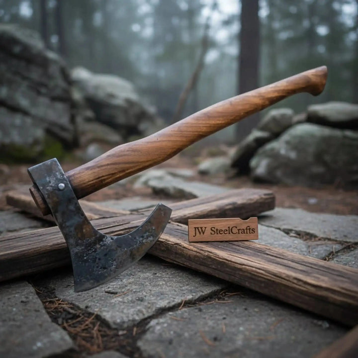     Grimroot forged camp hatchet featuring raw steel texture and twisted artisan handle in moody woodland environment.