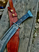 Load image into Gallery viewer, Custom Damascus hunting Bowie knife with ergonomic micarta handle, full tang blade, and leather sheath – perfect for collectors and outdoor use.